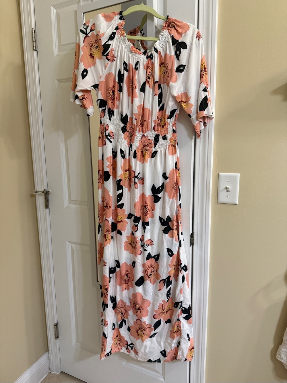 White Maxi Dress with Peach Floral Print and Smocked Waist